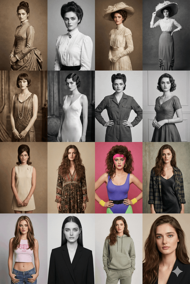 AI Prompt for Decades-Long Fashion Portrait Grid in Retro Styles