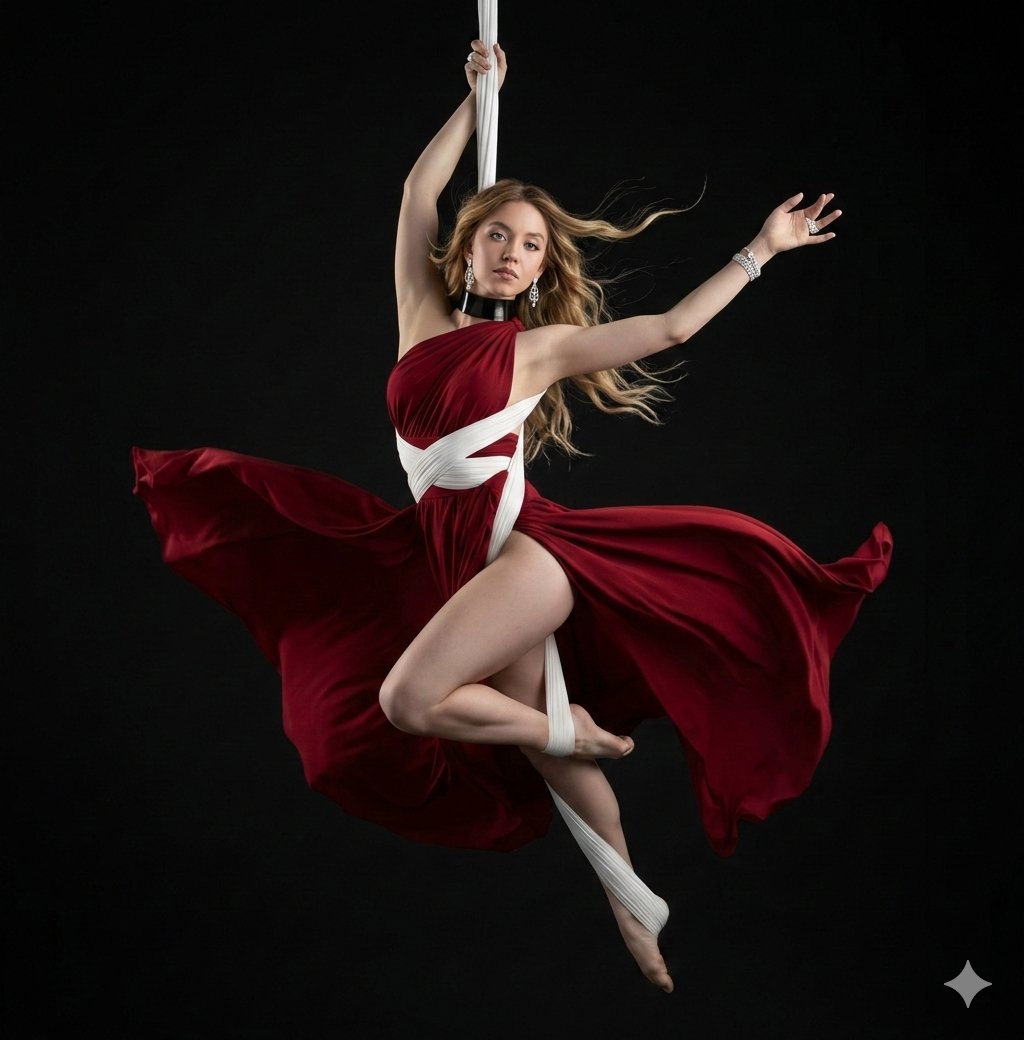 AI Prompt for Dramatic Aerial Silk Artist in Red Dress