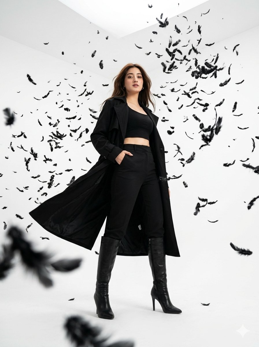 AI Prompt for Dramatic, Cinematic Fashion Portraits with Black Feathers