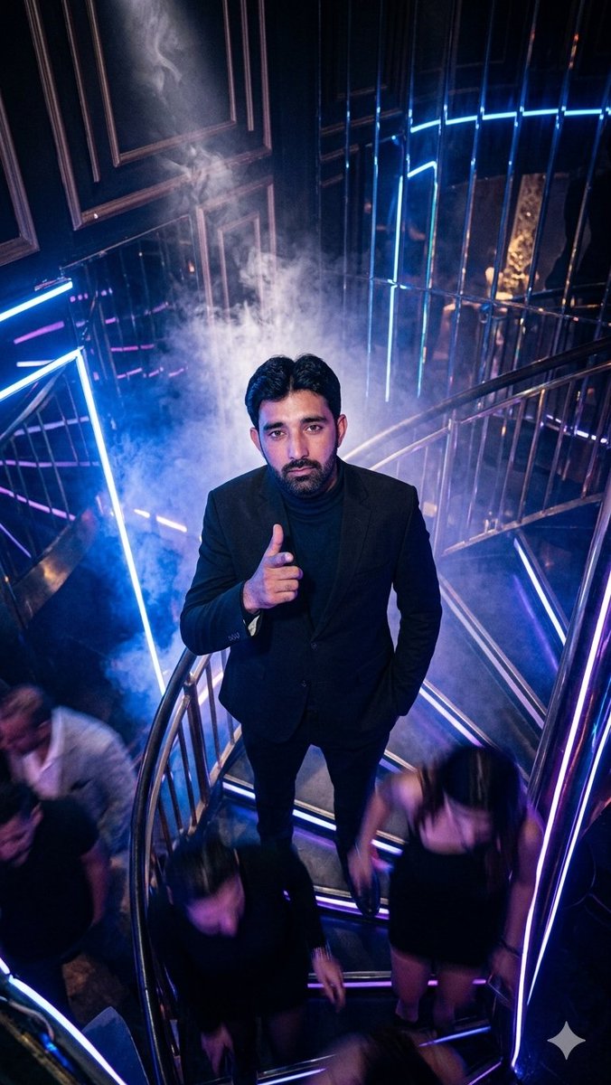 AI Prompt for Dramatic Nightlife Portraits with Neon Spiral Staircase