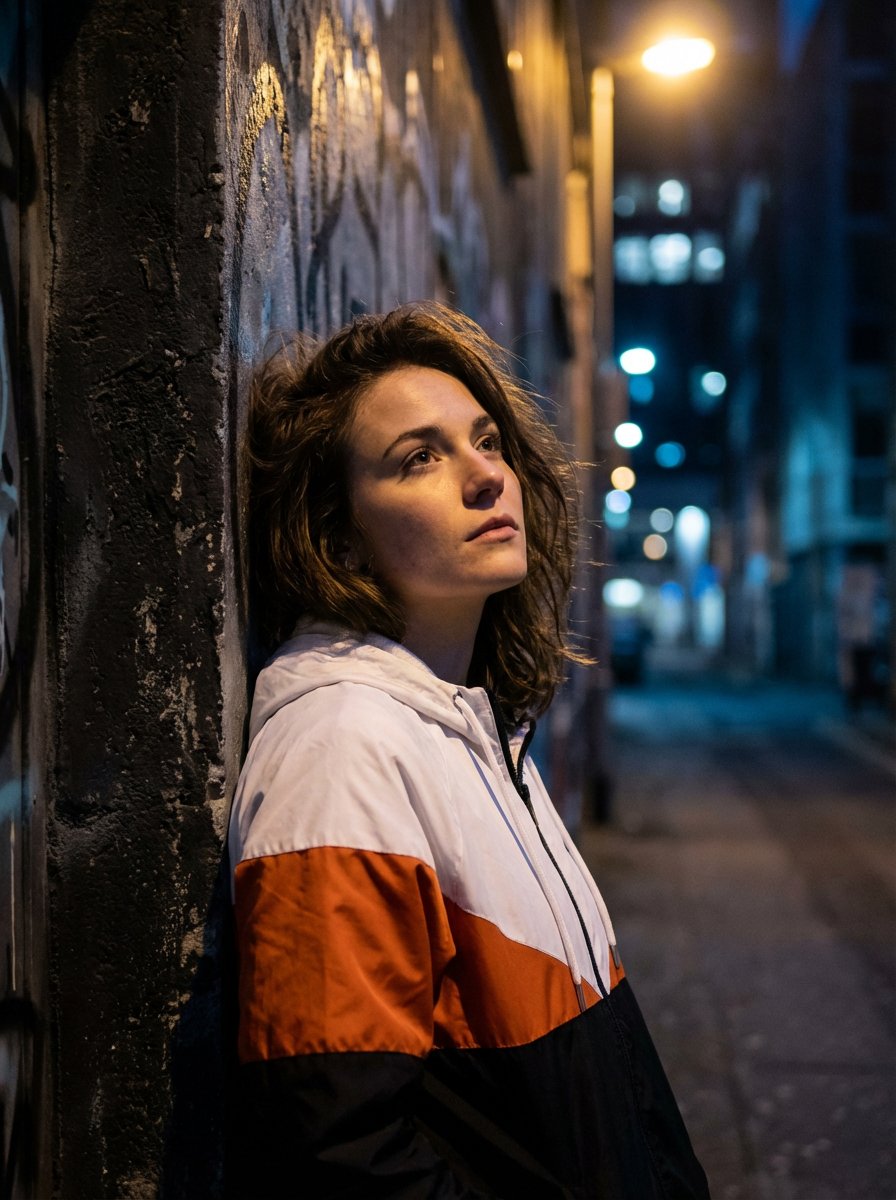 AI Prompt for Dramatic Urban Portrait with Overhead Lighting