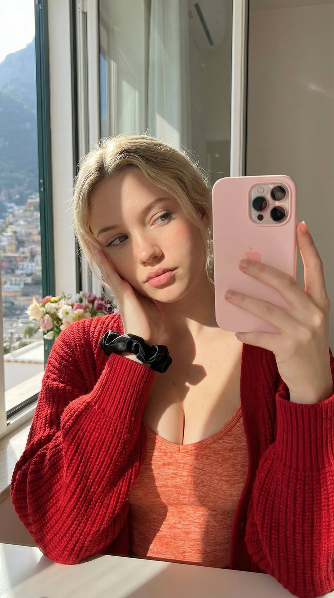 AI Prompt for Dual Mirror Selfies with Red vs. Yellow Cardigan