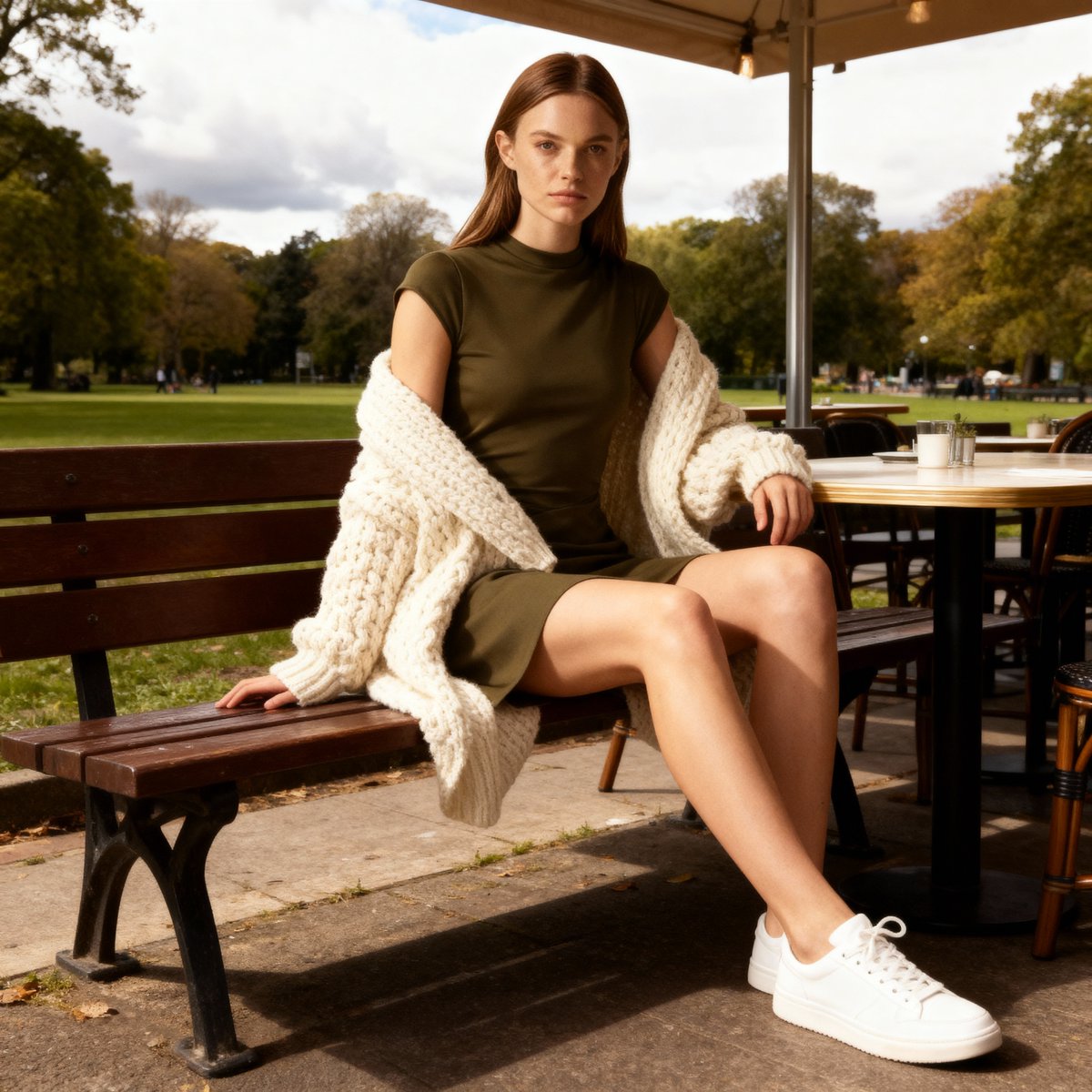 AI Prompt for E-commerce Product Listing: Olive Dress & Cardigan, Candid Lifestyle Shot