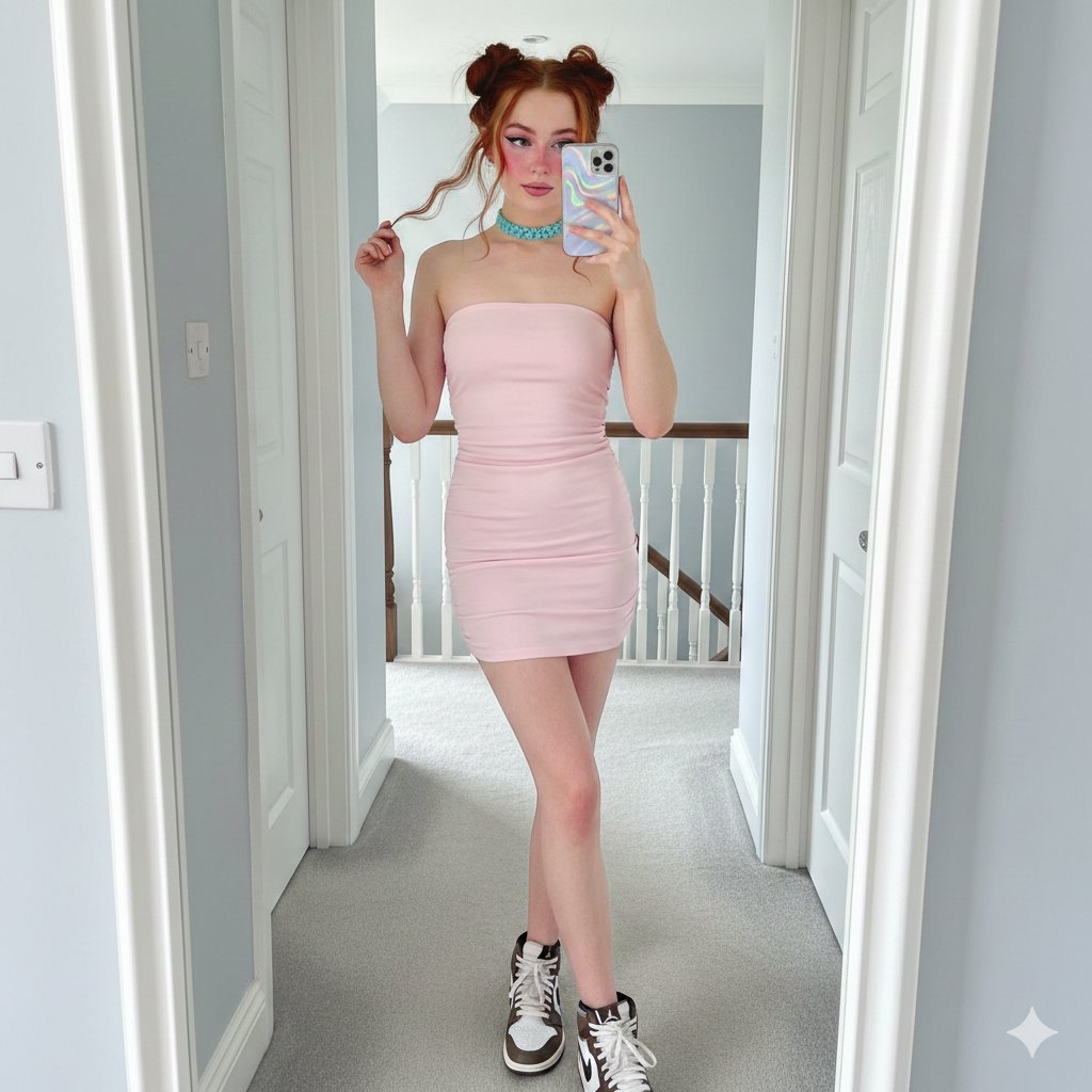 AI Prompt for E-Girl Selfie with Sadie Sink in Pink Tube Mini Dress