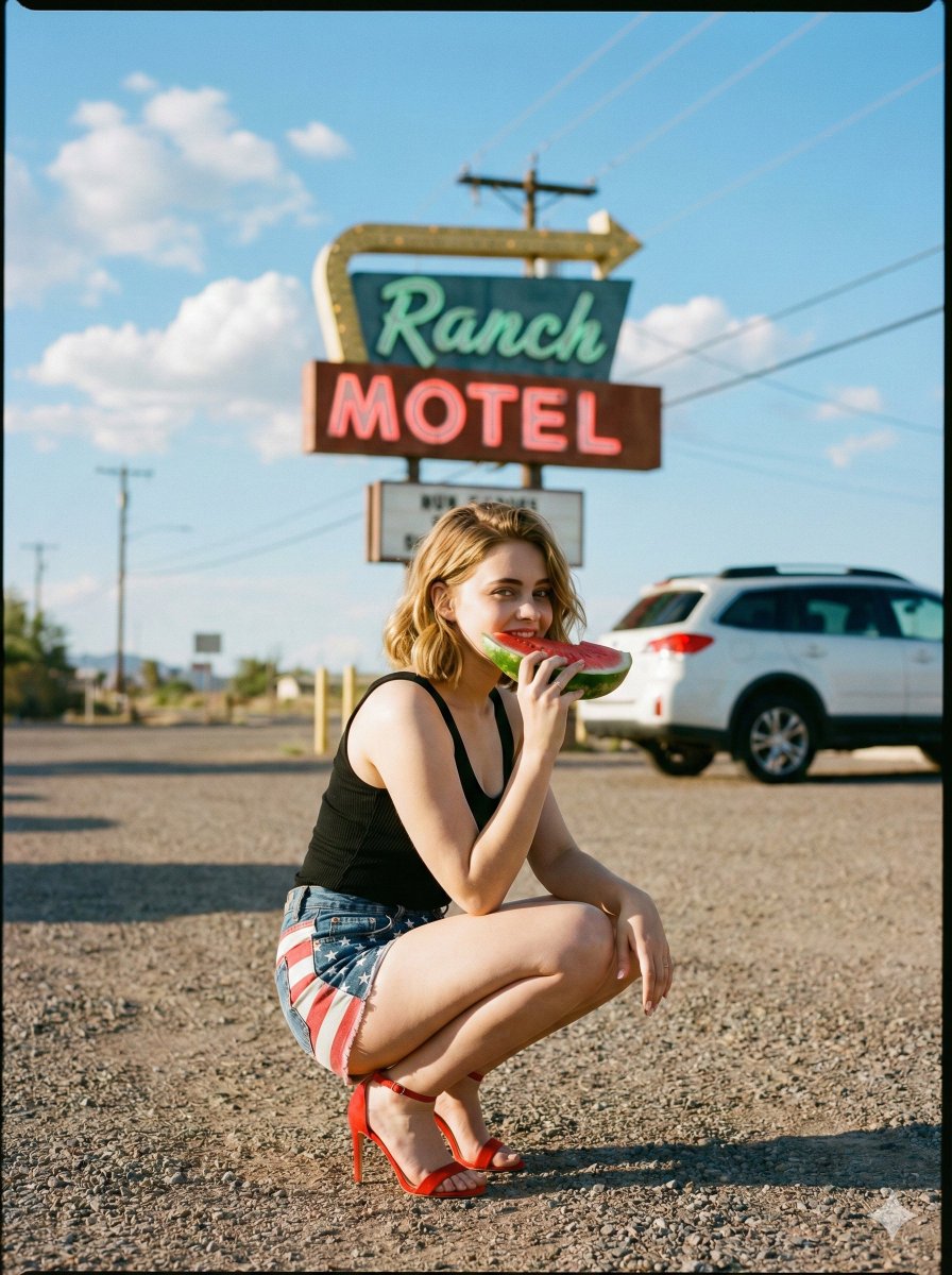 AI Prompt for Editorial Fashion Photography - Vintage Neon Americana Sunset Photo Shoot