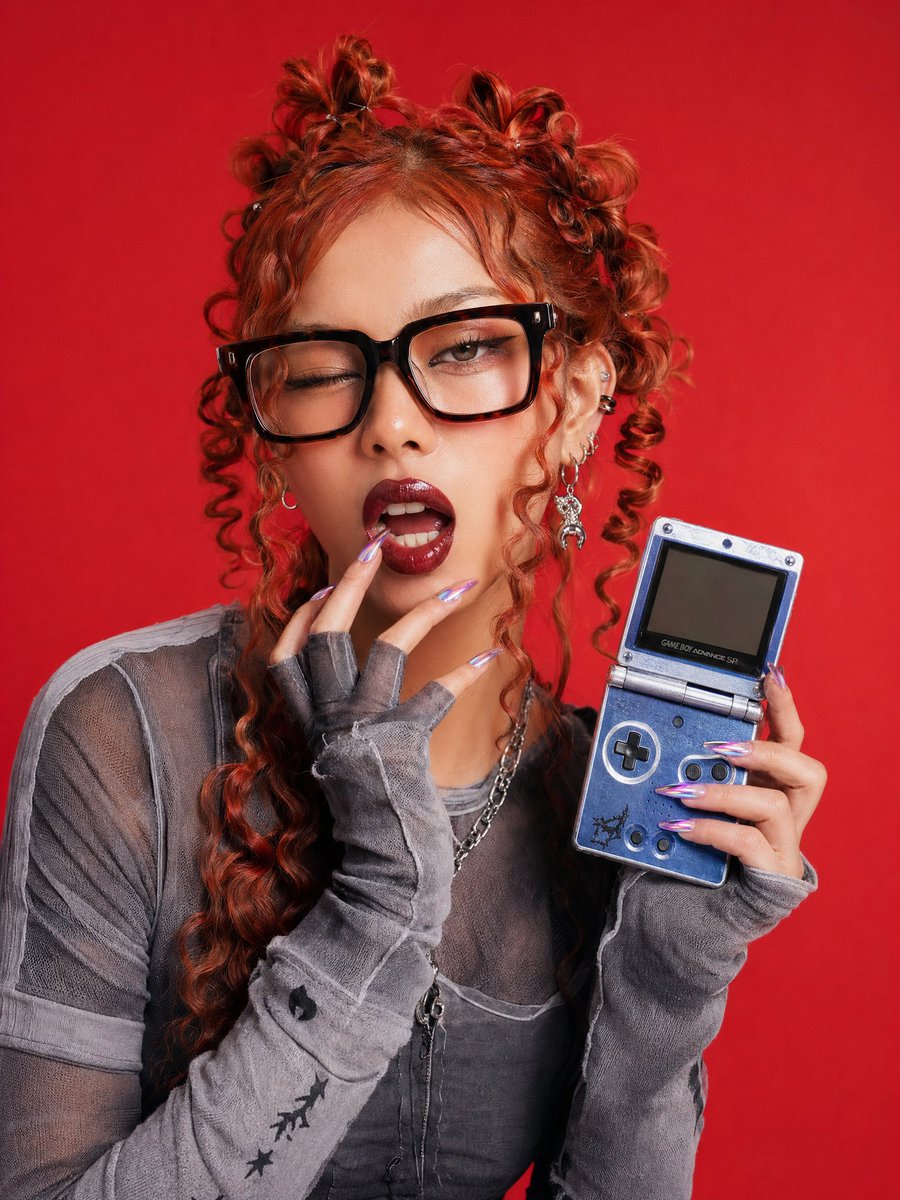 AI Prompt for Editorial Fashion Portrait with Retro Handheld Console