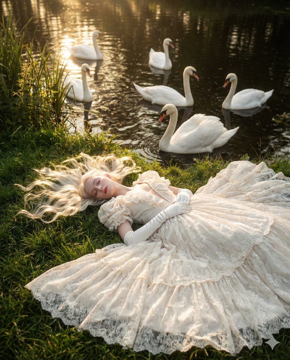 AI Prompt for Ethereal Fantasy Portrait with Swans and Golden Hour Light