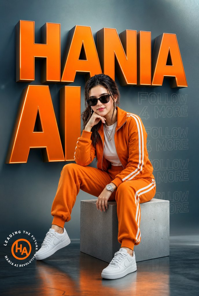 AI Prompt for Fashion Brand Poster in Orange Tracksuit with 3D Typography