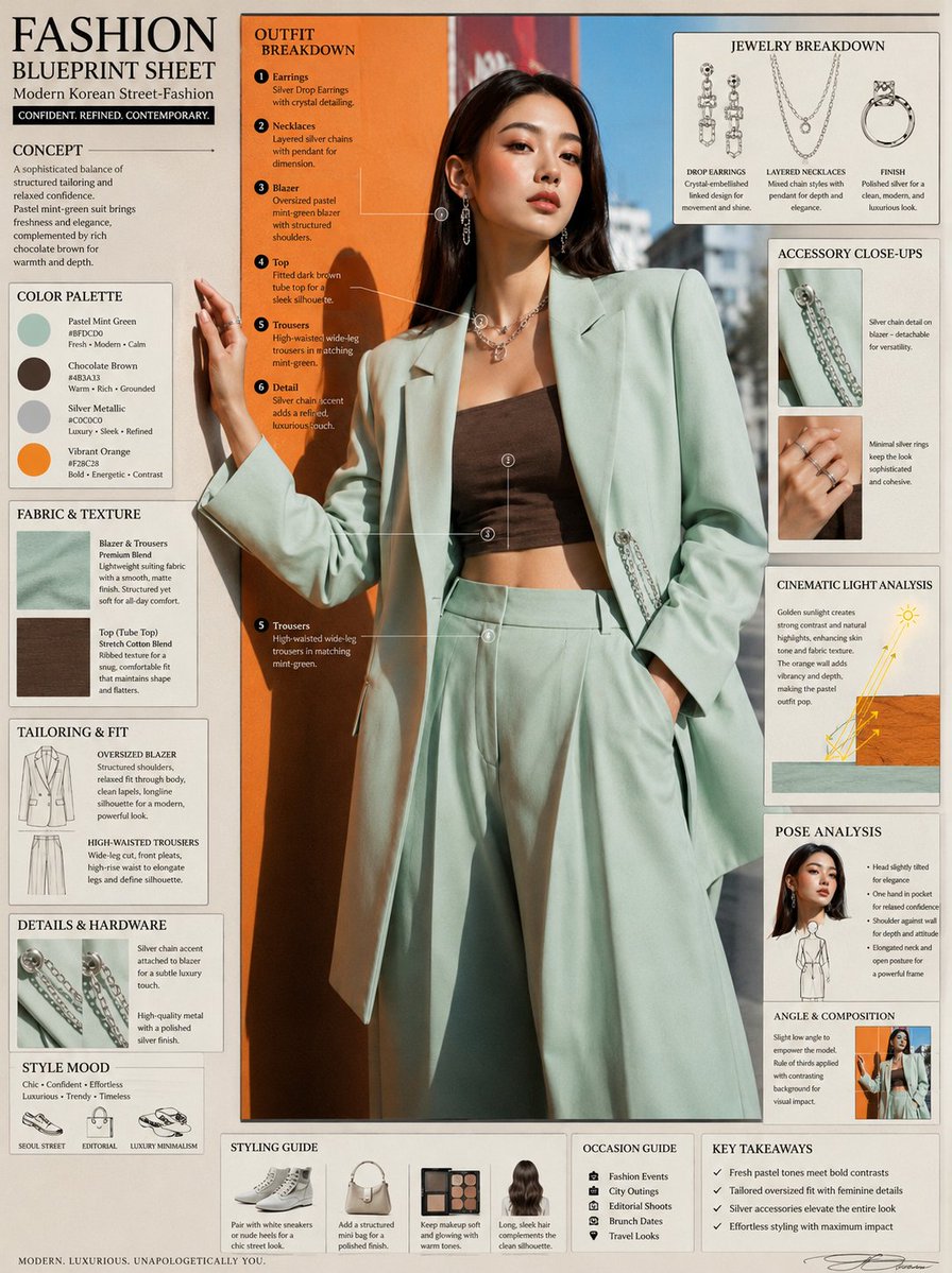 AI Prompt for Fashion Editorial Concept Sheet: Model Infographics, Tailoring Notes, and Fabric Descriptions