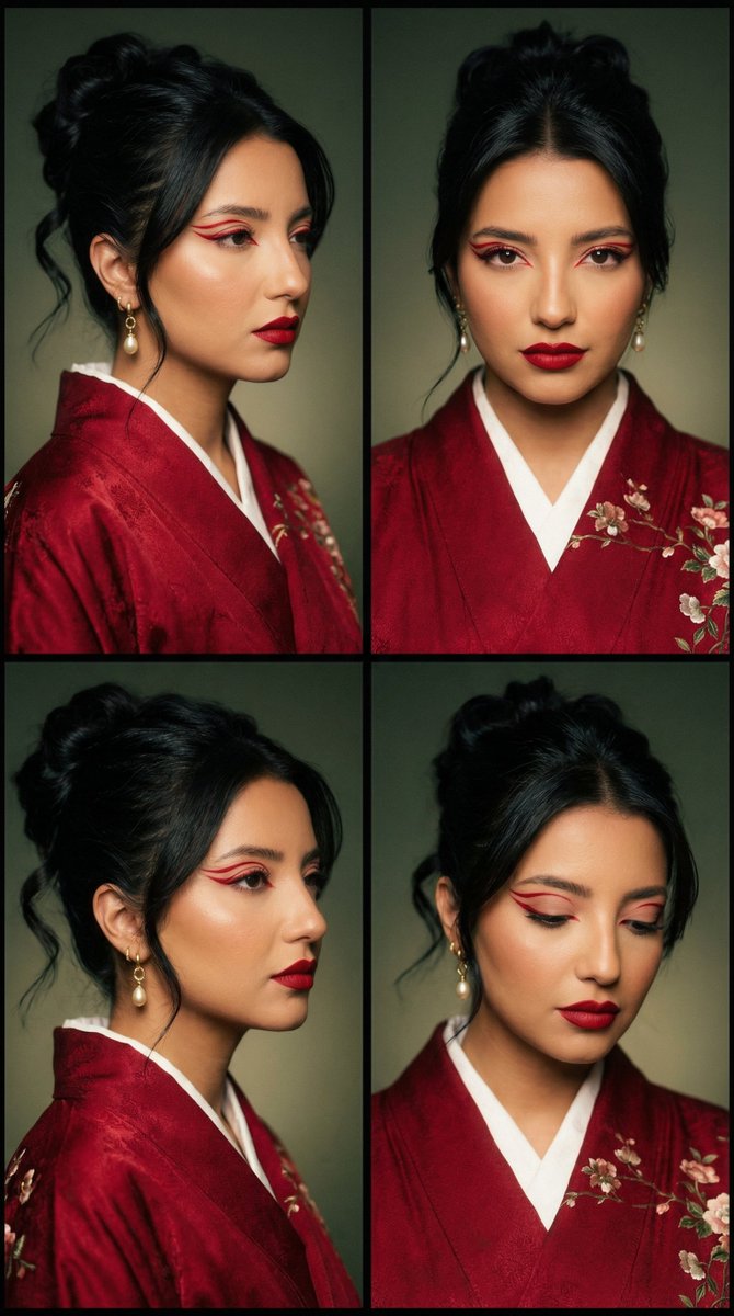 AI Prompt for Fashion Editorial Grid: Red Kimono & Graphic Eyeliner