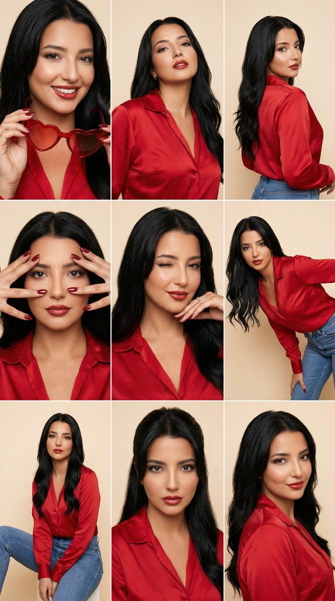 AI Prompt for Fashion Editorial Grid with Red Satin Heart Glasses