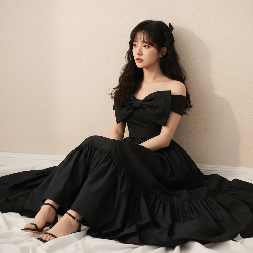 AI Prompt for Fashion Editorial Portrait of Zhao Lusi in Black Gown with Glass-Skin Finish