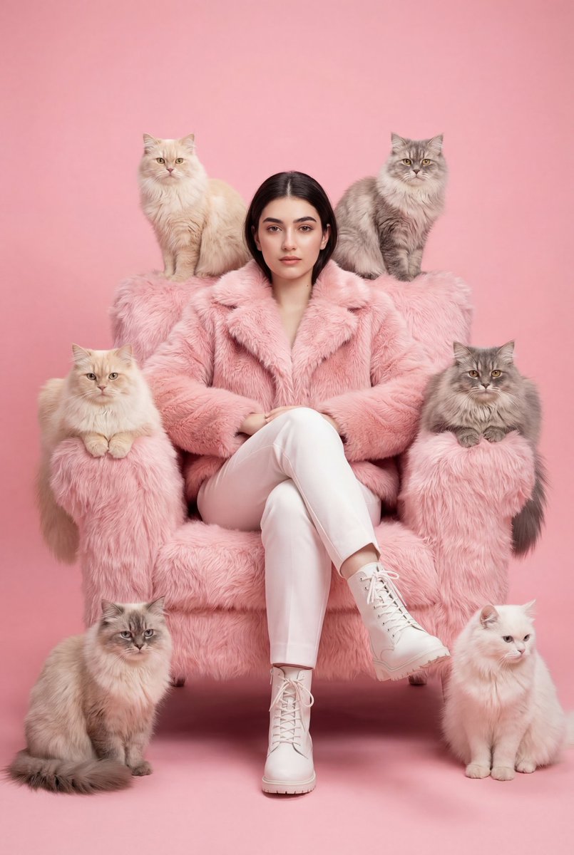 AI Prompt for Fashion Editorial Portrait with Monochromatic Pink Theme and Cats