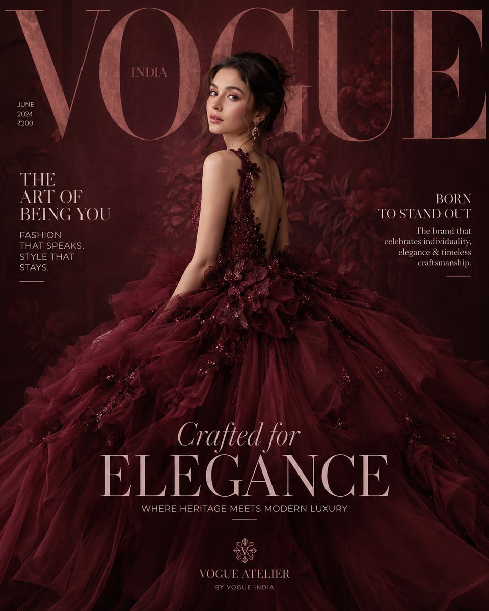 AI Prompt for Fashion Magazine Cover: Maroon Dress Design
