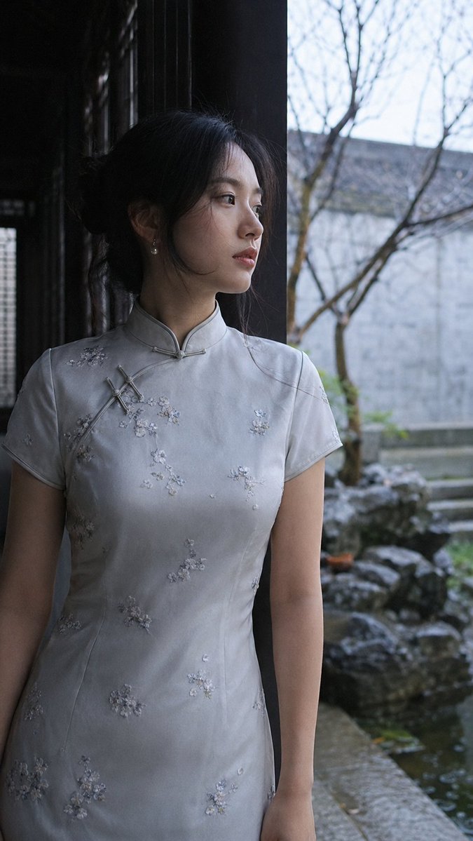 AI Prompt for Fashion Photography: East Asian Woman in Silk Qipao Corridor