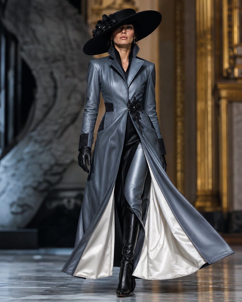 AI Prompt for Fashion Photography: Metallic Leather Couture Runway Model with Palace Venue