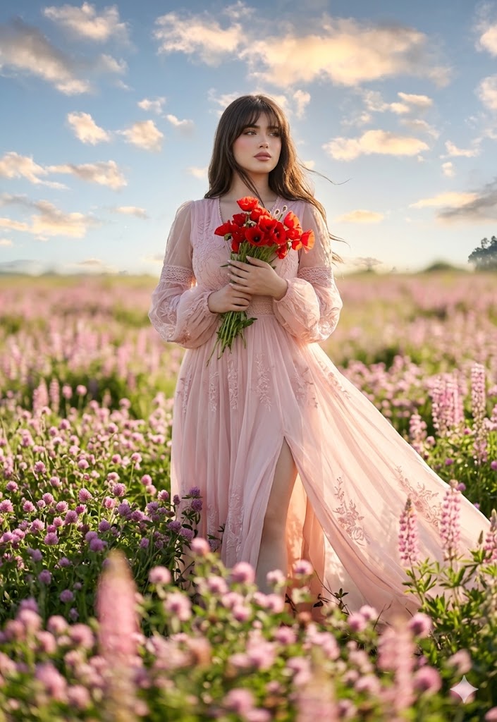 AI Prompt for Fashion Photography - Pink Chiffon Gown in a Floral Field