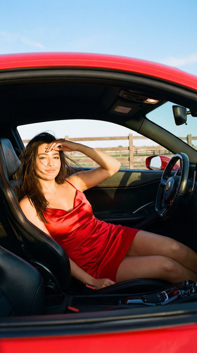 AI Prompt for Fashion Photography: Red Ferrari Interior at Golden Hour