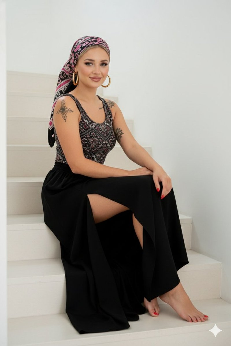AI Prompt for Fashion Photography: Woman in Headscarf and Skirt on Stairs