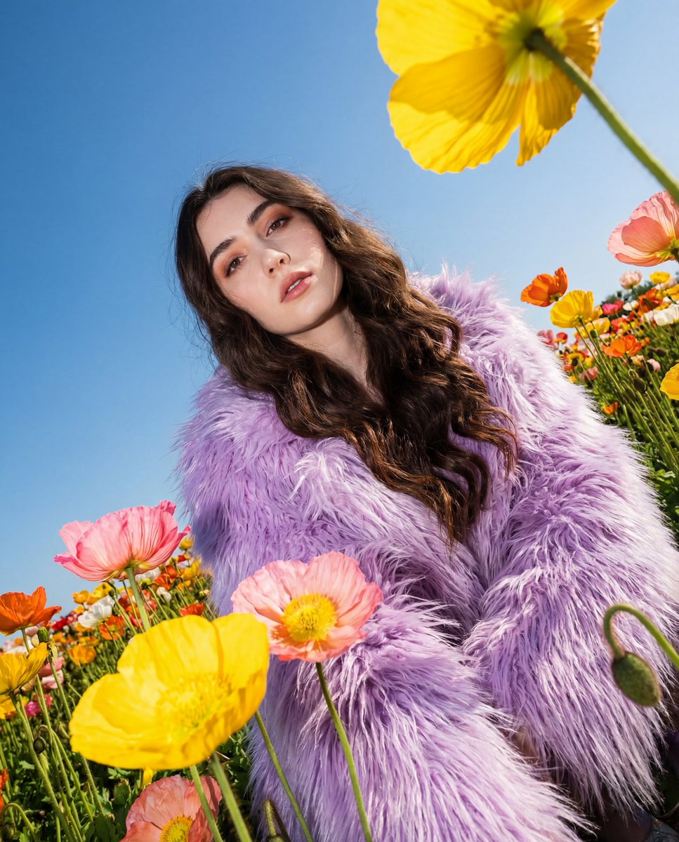 AI Prompt for Fashion Portrait in Flower Field with Harsh Flash - Inspiring Outdoor Photos