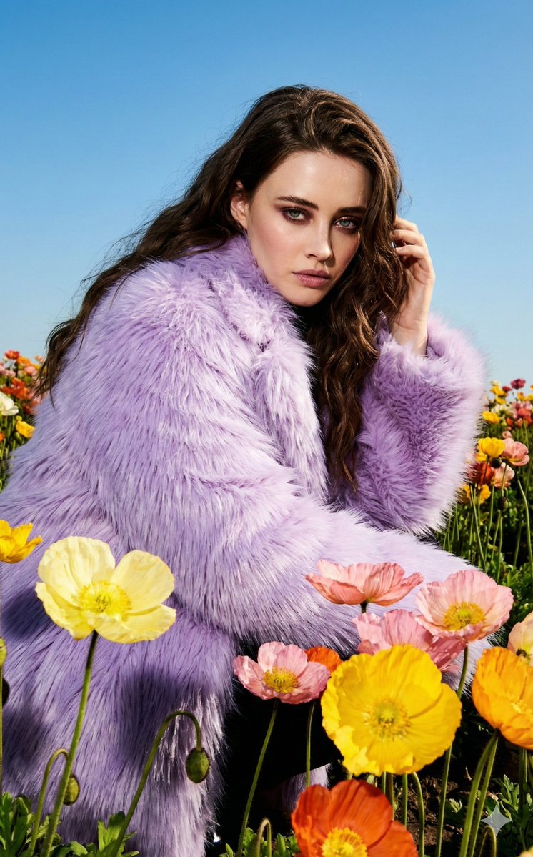 AI Prompt for Fashion Portrait in Vibrant Flower Field with Harsh Flash Effect