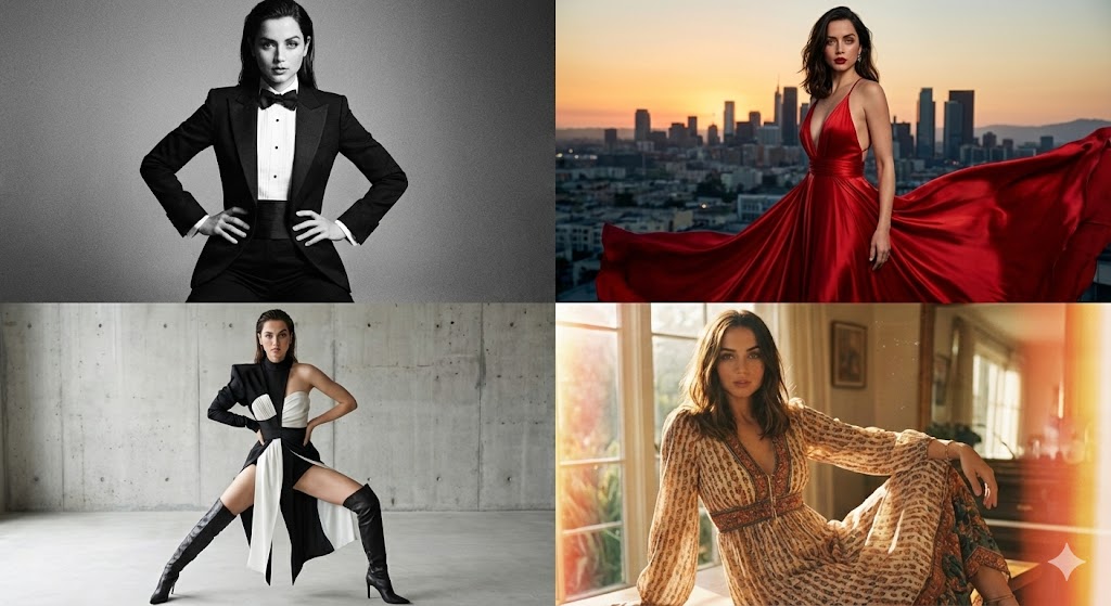 AI Prompt for Fashion Styling - 4-Panel Ana de Armas Collage