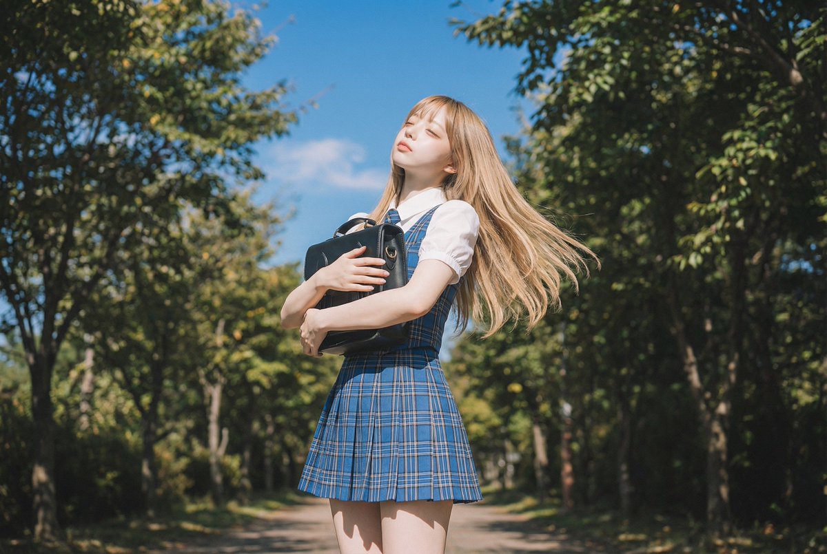 AI Prompt for Fashionable Blonde Girl Walking Down a Tree-Lined Street with Casual Chic