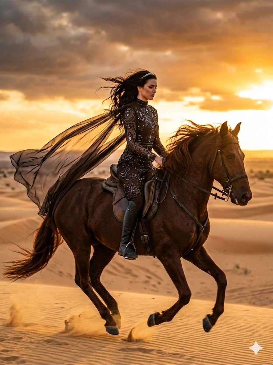 AI Prompt for Fashionable Desert Horse Rider Cinematic Scene
