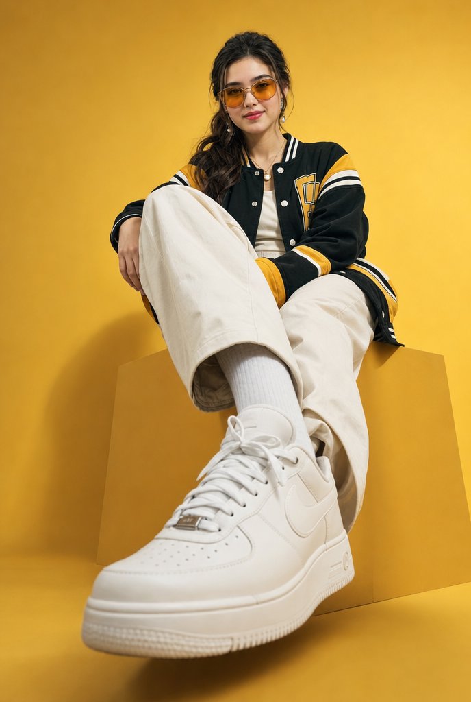AI Prompt for Fashionable Low-Angle Studio Portrait with Varsity Jacket and Sneakers