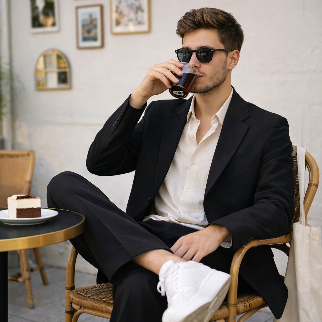 AI Prompt for Fashionable Man in Cafe with Cake and Platform Sneakers