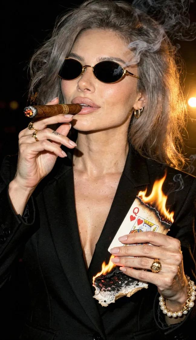 AI Prompt for Film Noir Fashion Portrait with Cigar and Burning Card