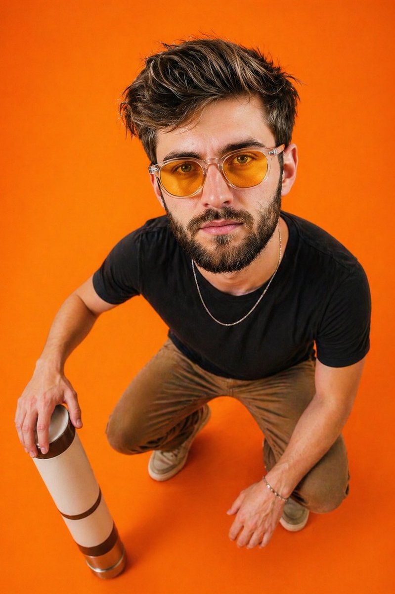 AI Prompt for Fisheye Portrait on Orange Background
