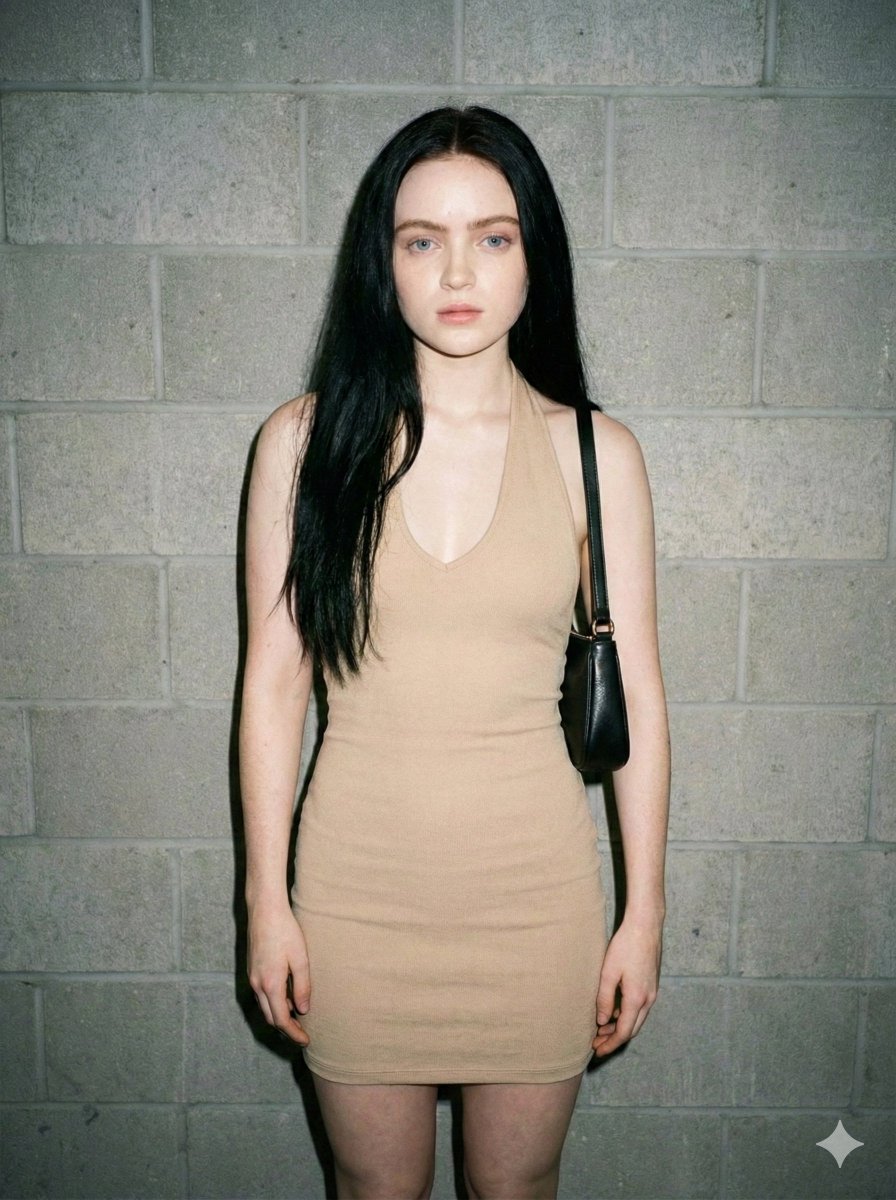 AI Prompt for Flash Photography Portrait of Model in Beige Bodycon Dress