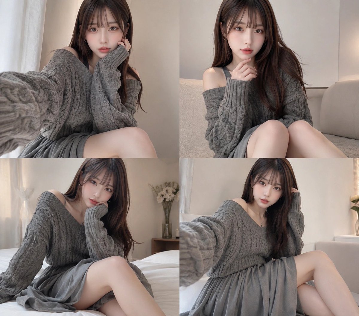 AI Prompt for Four-Panel Cozy Gray Sweater Selfie Collage with Portrait Inspiration