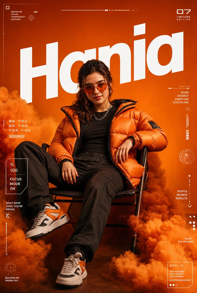 AI Prompt for Futuristic Streetwear Poster with Model and HUD Graphics
