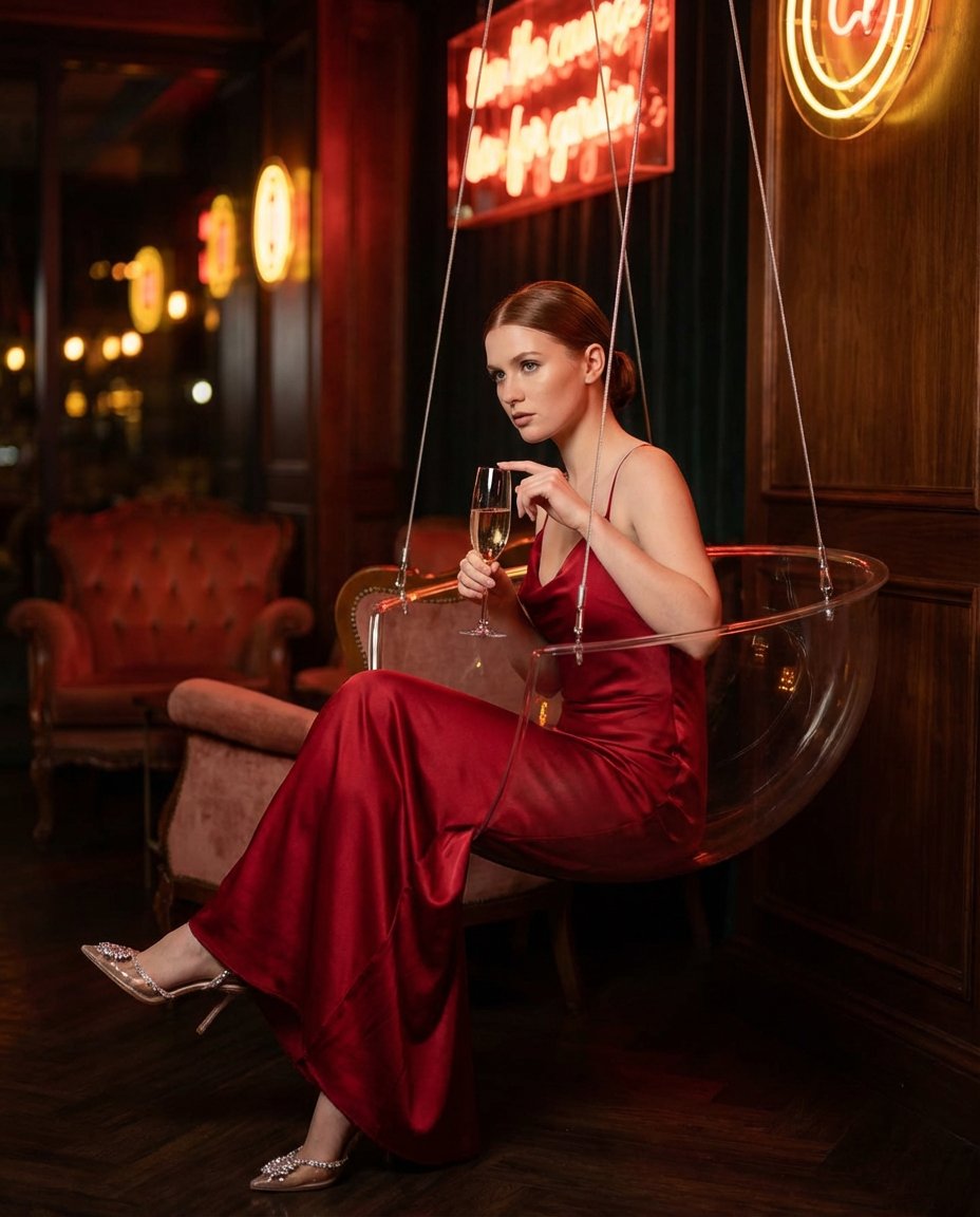AI Prompt for Generating a Portrait of a Woman in a Champagne Coupe Swing Chair