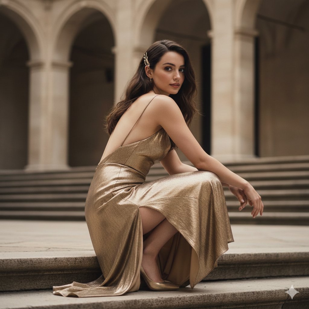 AI Prompt for Generating Photograph of Ana de Armas in Golden Gown