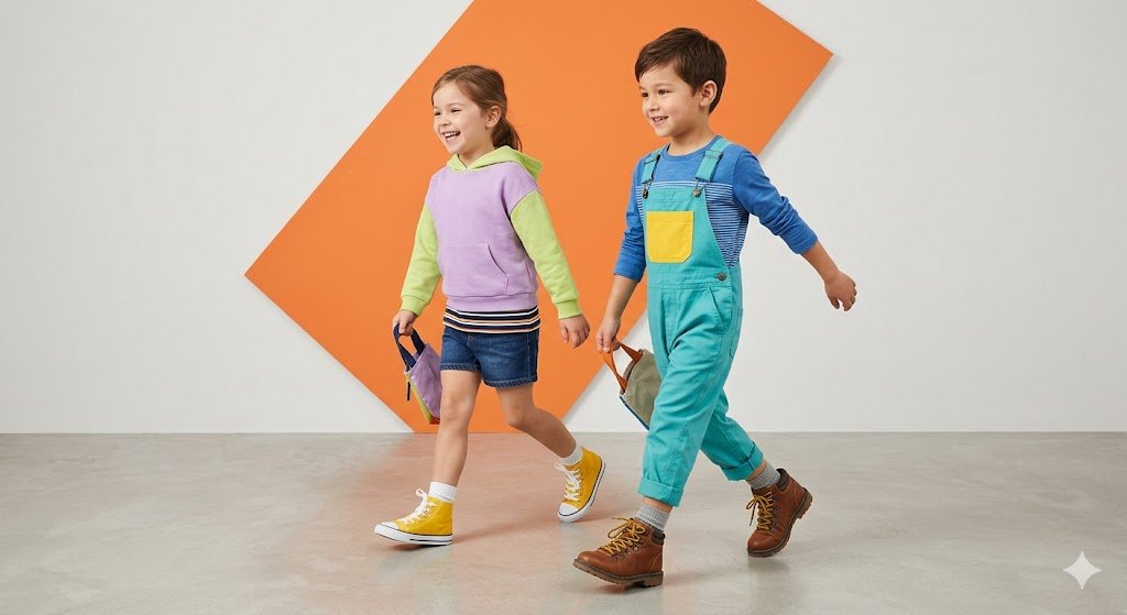 AI Prompt for Generating Vibrant Kids' Fashion Editorial Photography with Geometric Backgrounds