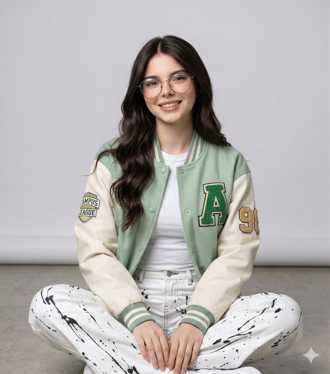 AI Prompt for Generative Portrait of Young Woman in Casual Varsity Jacket and Splatter Pants