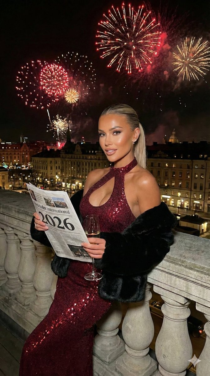 AI Prompt for Glamorous Nighttime Cityscape Portrait with Fireworks and Sequined Dress