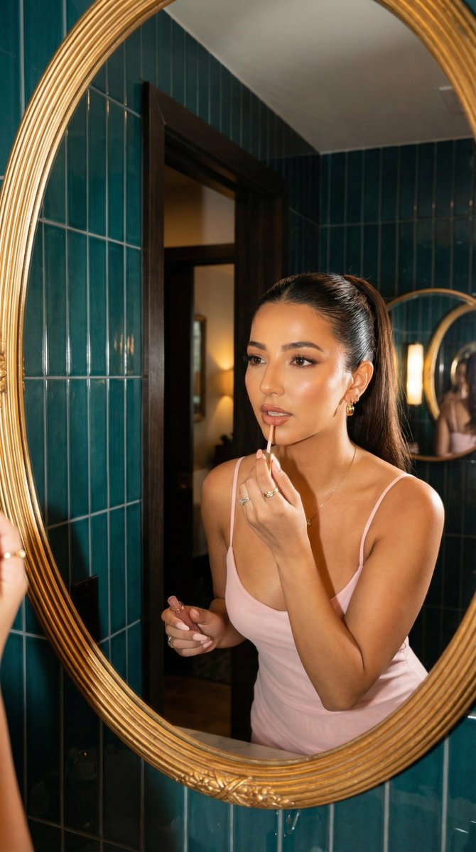 AI Prompt for Glamorous Woman Applying Lip Gloss in Mirror Reflection