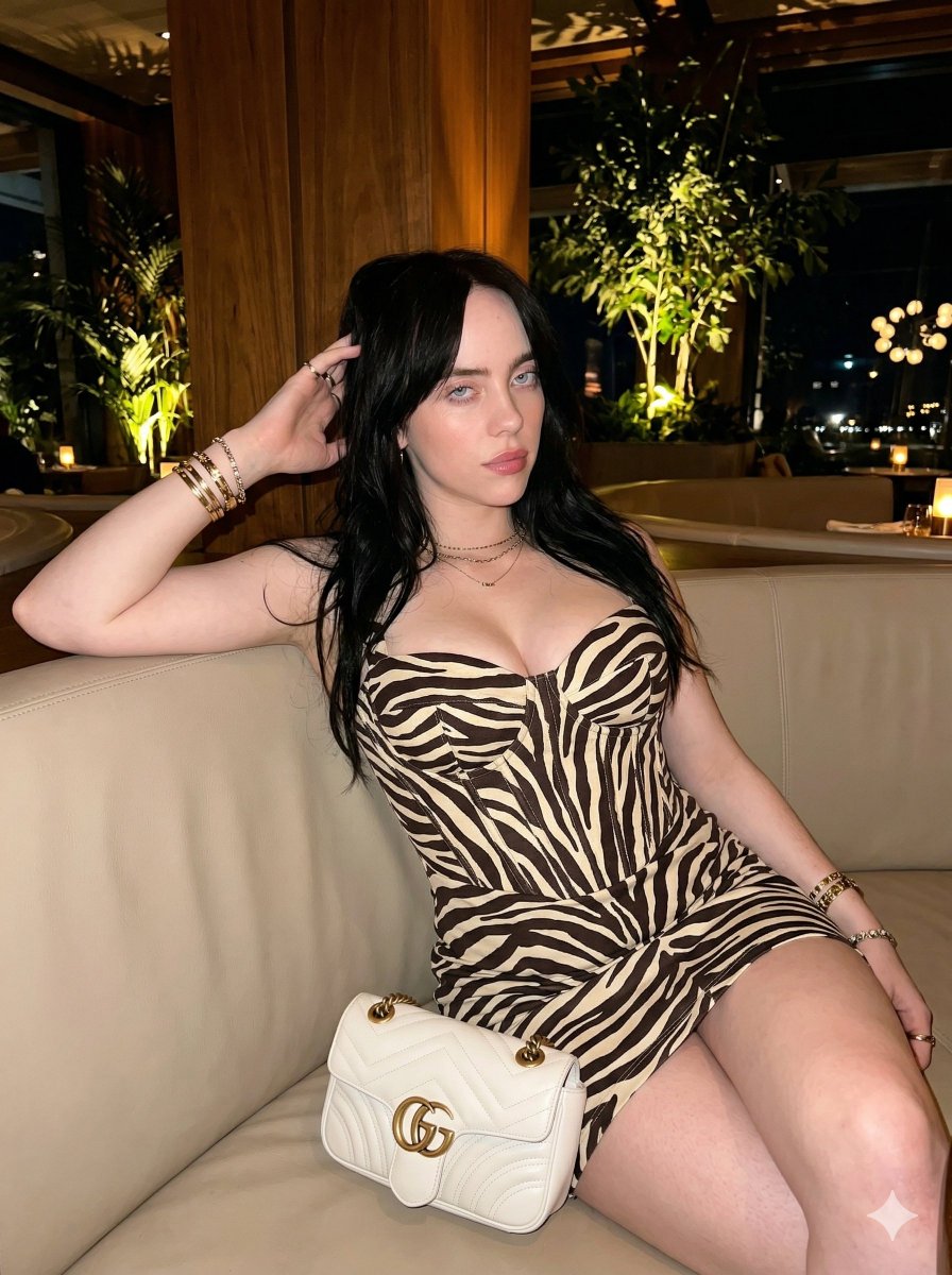 AI Prompt for Glamorous Zebra Print Dress Portrait with Warm Amber Lighting