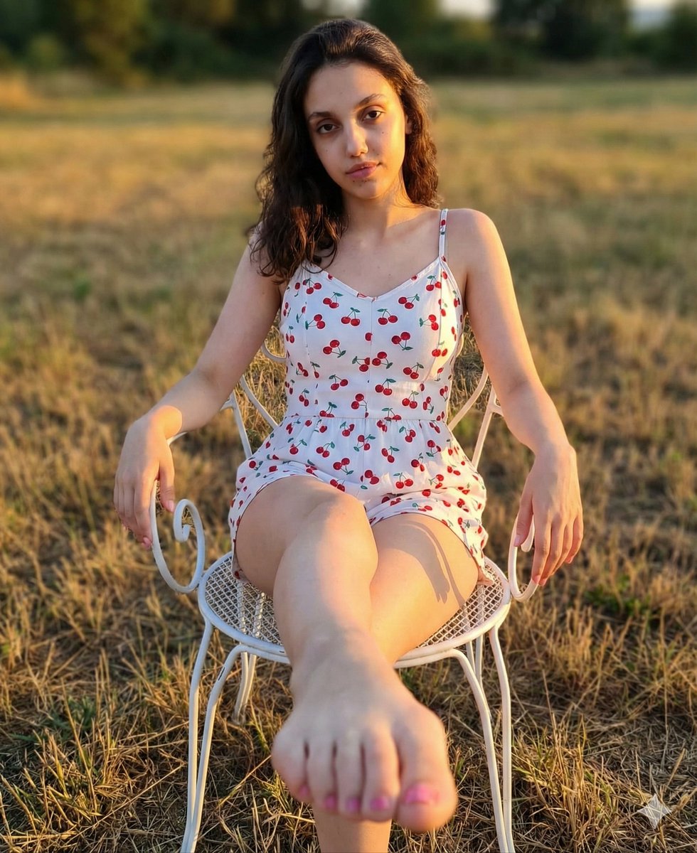 AI Prompt for Golden Hour Outfit Photography: Woman in Romper, Bare Foot, and Sunset Field