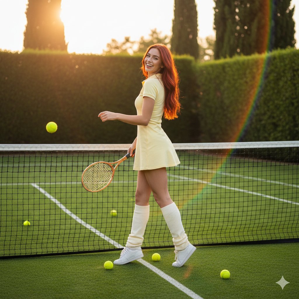 AI Prompt for Golden Hour Tennis Lifestyle Photo: Generate Vibrant Red Hair Model Images