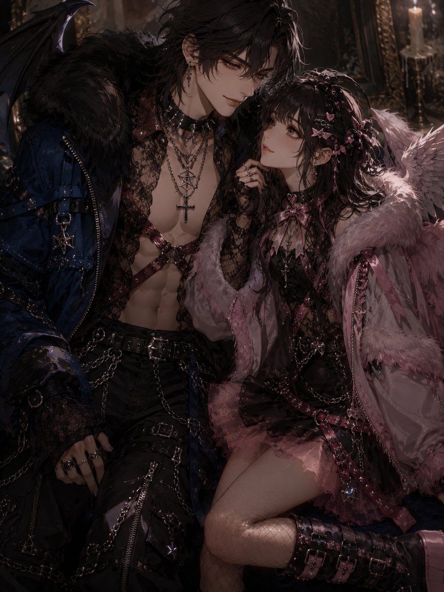 AI Prompt for Gothic Fashion Portrait of Winged Couple in Candlelit Victorian Setting
