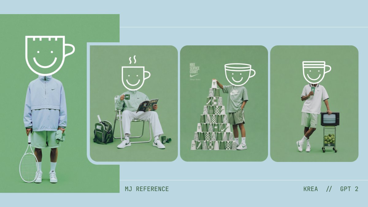 AI Prompt for Green-Toned Tennis Streetwear Fashion Collage with Surreal Coffee Cup Graphics