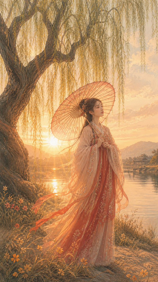 AI Prompt for Hanfu Woman Portrait at Sunset with Lake and Willow