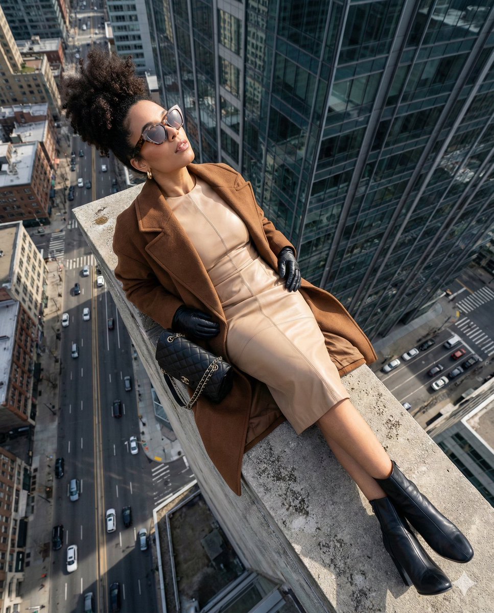 AI Prompt for High-Angle Fashion Editorial on Skyscraper Rooftop Ledge