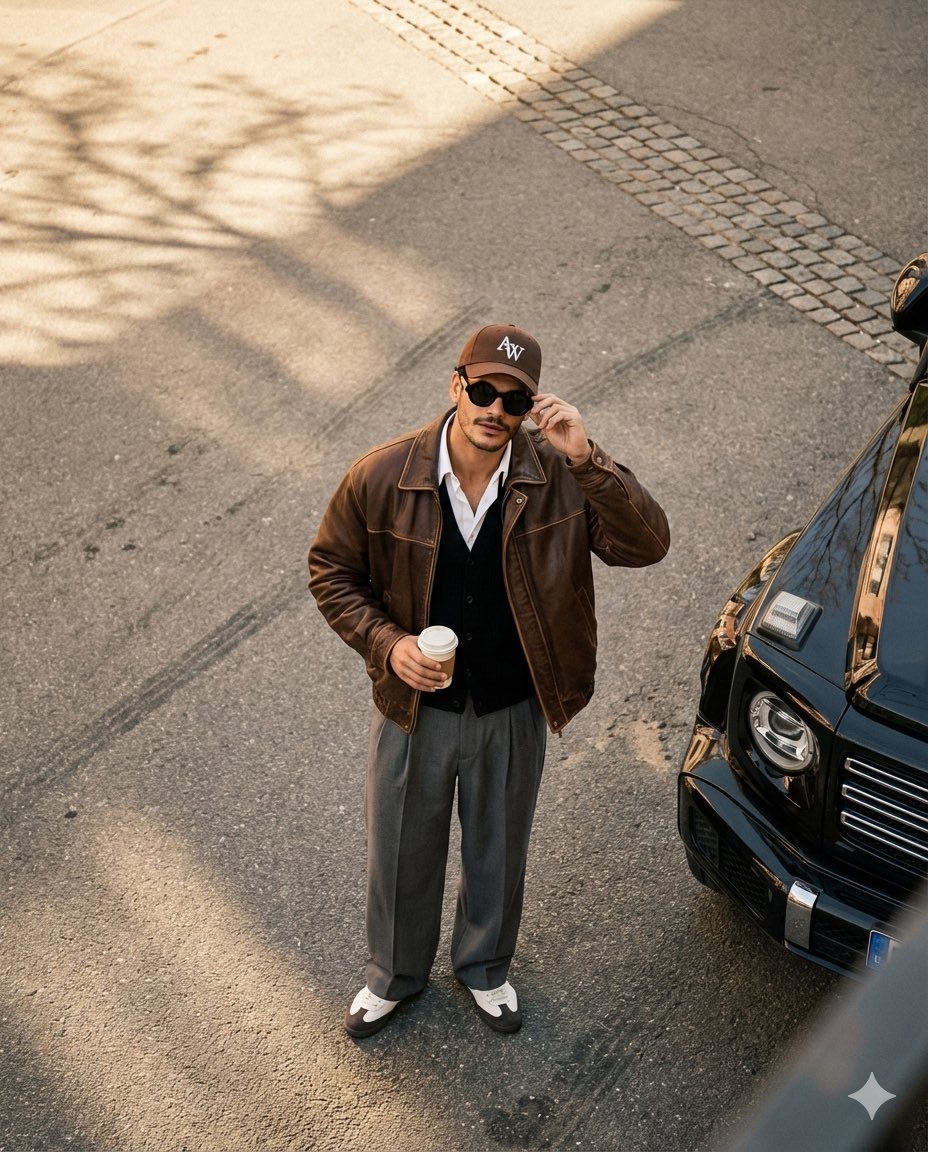 AI Prompt for High-Angle Street Photography of Stylish Men