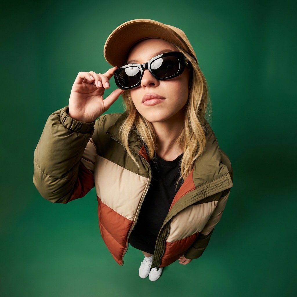 AI Prompt for High-Angle Streetwear Fashion Portrait with Fisheye Lens